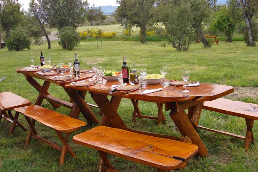 A long handmade wooden dining table set for a meal outdoors on the lawn, with bowls of pasta and salad, wine bottles, and rustic wooden benches