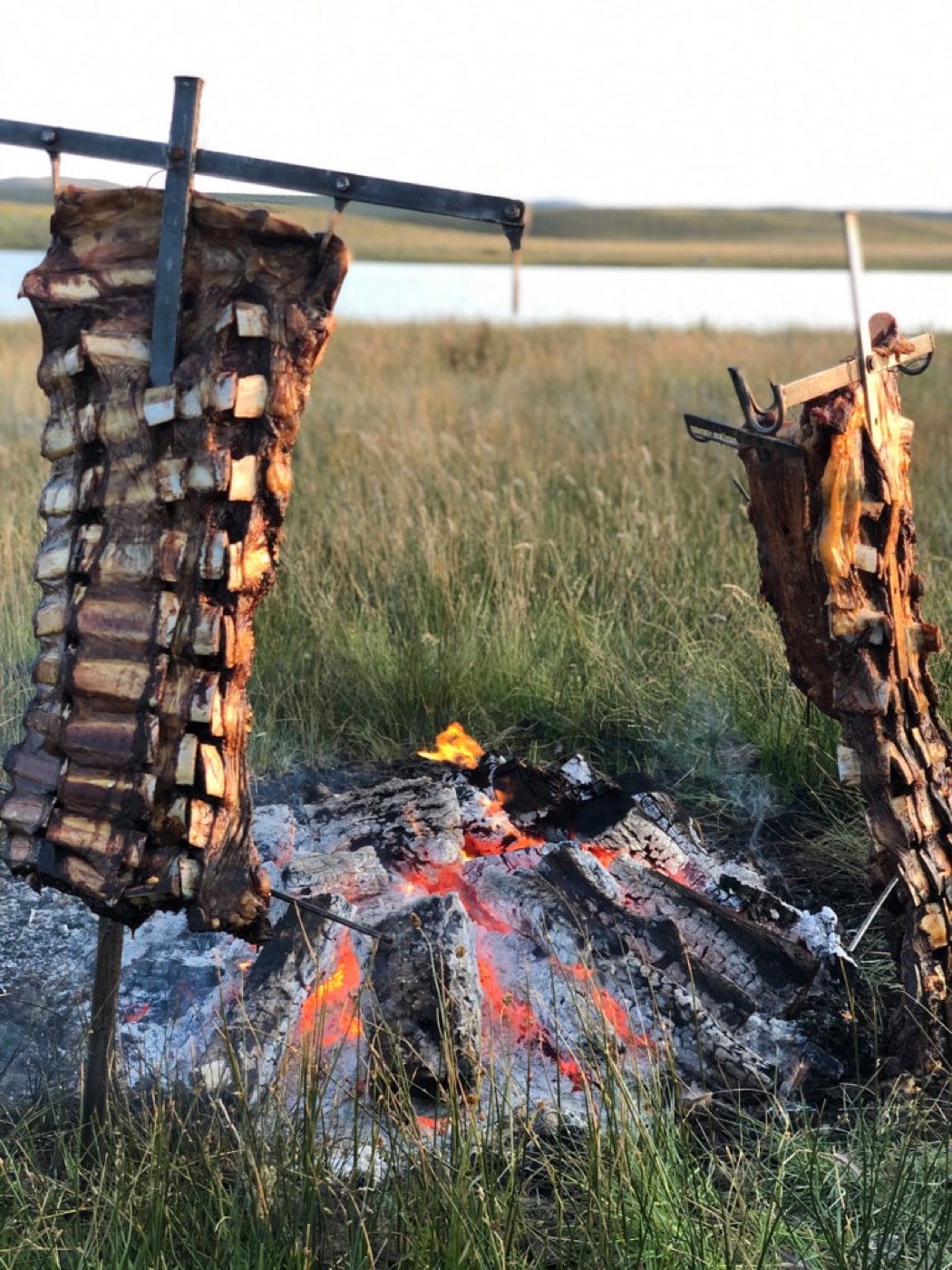 Two full racks of asado ribs splayed open on iron crosses, roasting beside an open fire on the grassland