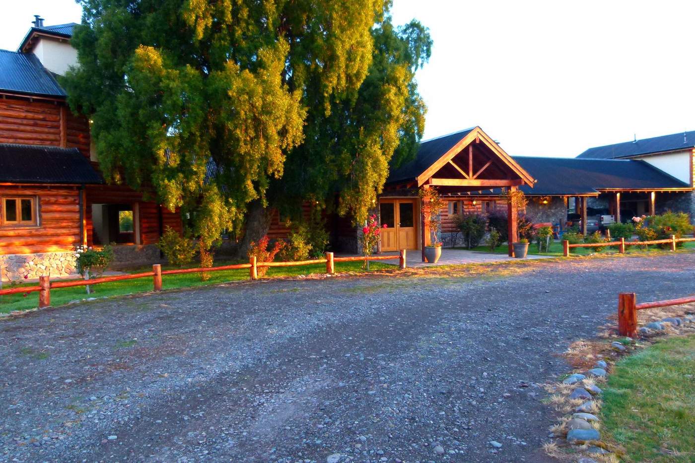 A log building entrance lit gold by the setting sun, a gravel drive and rose bushes in the foreground