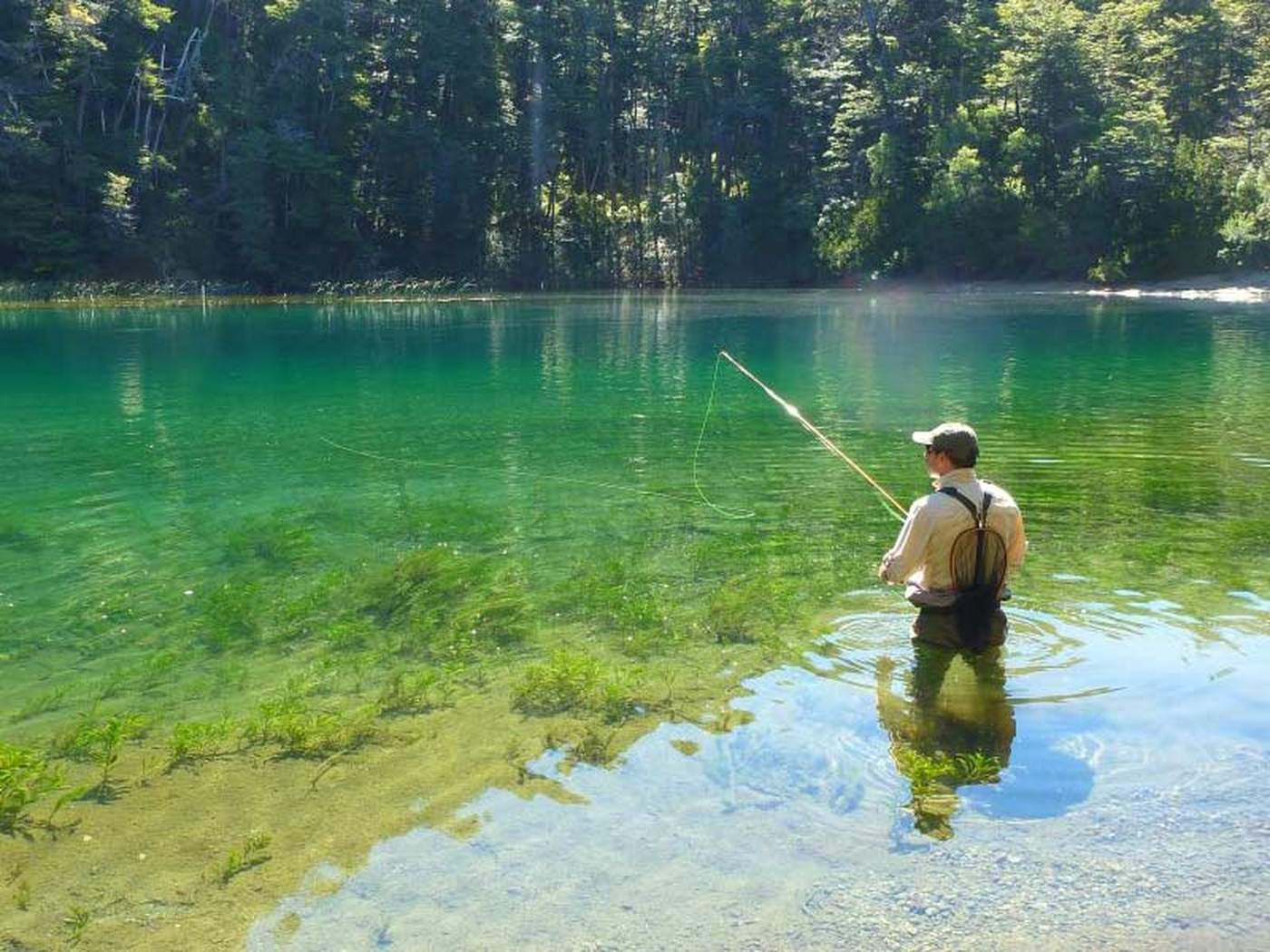 An angler wading a clear, emerald-green pool, casting toward the far bank