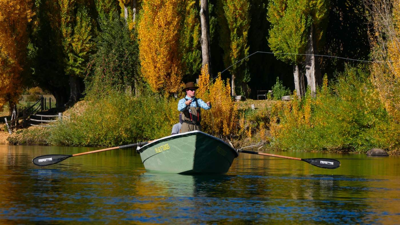 An angler casting from a drift boat on calm water, autumn cottonwoods turning gold along the bank