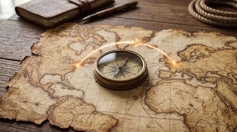 A vintage world map with a glowing flight path and an antique brass compass on a rustic wood table