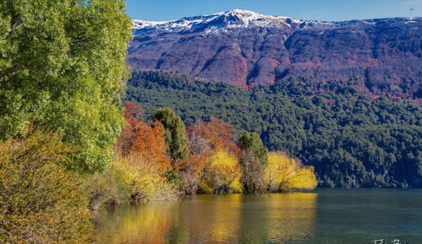 Autumn-colored trees lining the riverbank beneath a snow-capped peak, reflected in the still water